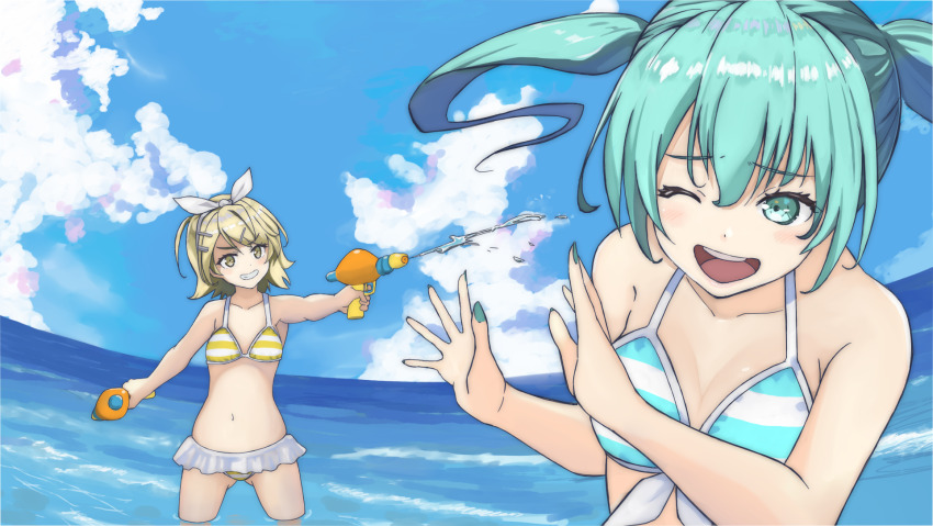2girls, bikini, bikini_skirt, blonde_hair, blue_eyes, blue_hair, bow, breasts