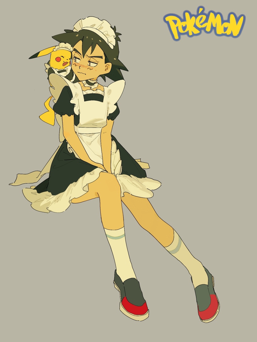 1boy, apron, ash_ketchum, black_hair, blush, brown_eyes, crossdressing, crossdressing_(mtf), gen_1_pokemon, highres, maid, maid_apron, maid_headdress, nintendo, okra_(43645260), pikachu, pokemon, pokemon_(anime), pokemon_the_series:_diamond_and_pearl, shoes, simple_background, sitting