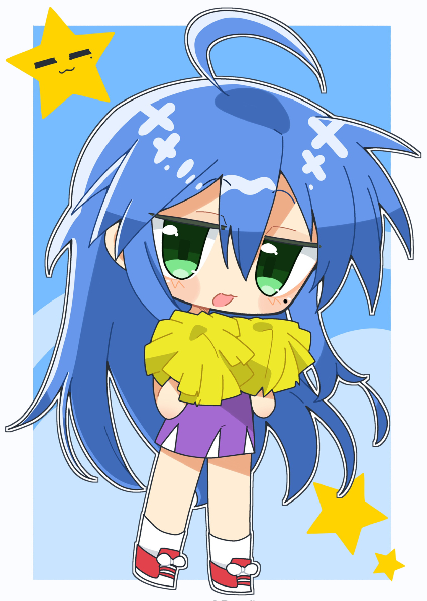 1girl, :3, aoiuna, blue_hair, blush, cheerleader, chibi, dress