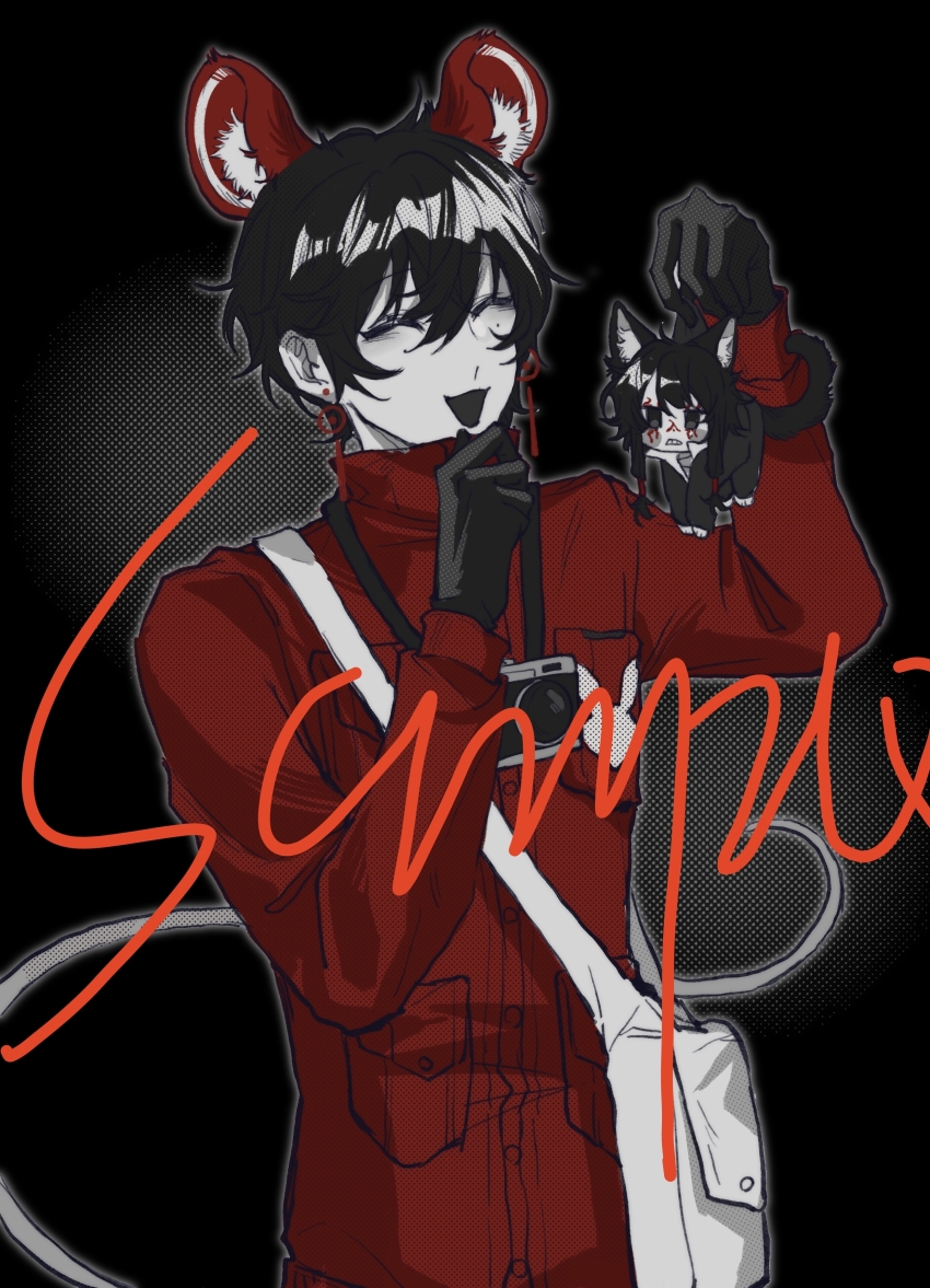 2boys, absurdres, animal_ear_fluff, animal_ears, bag, camera, camera_around_neck, cat_boy