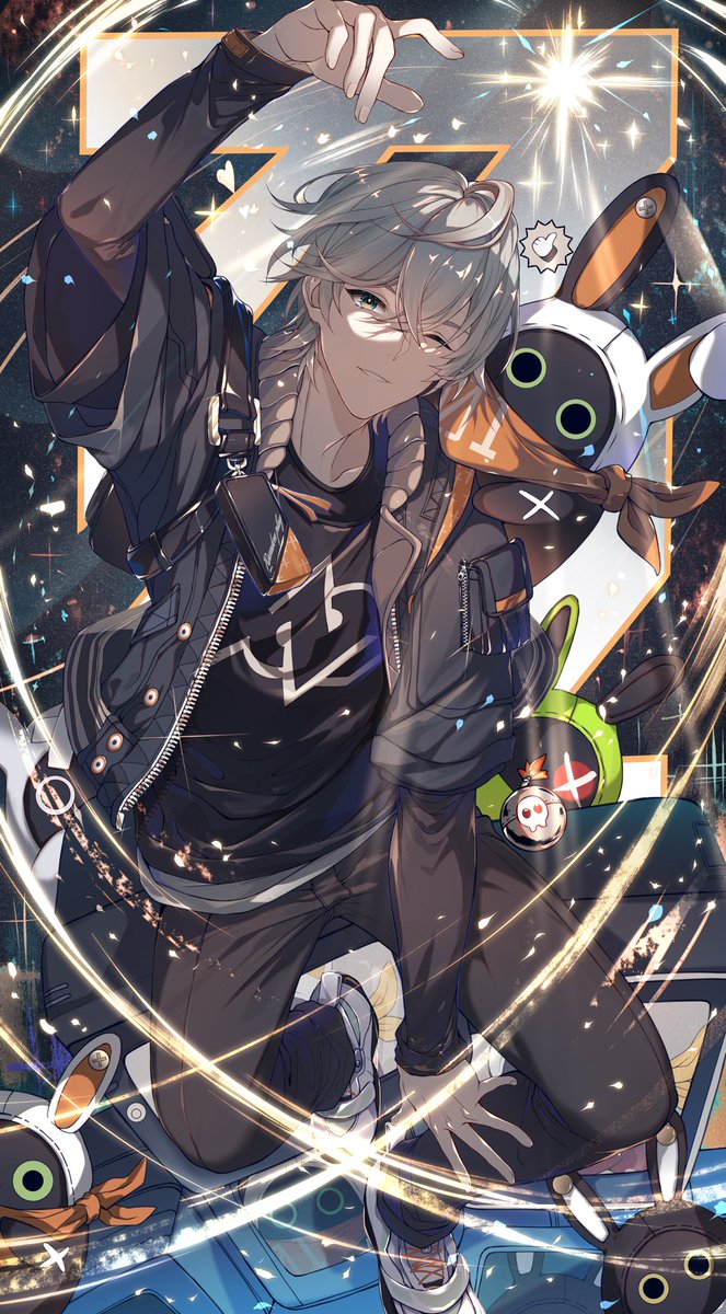 1boy, aqueasirius, arm_between_legs, arm_up, bangboo_(zenless_zone_zero), black_jacket, black_pants, black_shirt