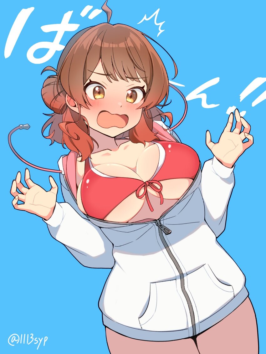 1113syp, 1girl, ahoge, alternate_costume, bikini, blue_background, blush, breasts