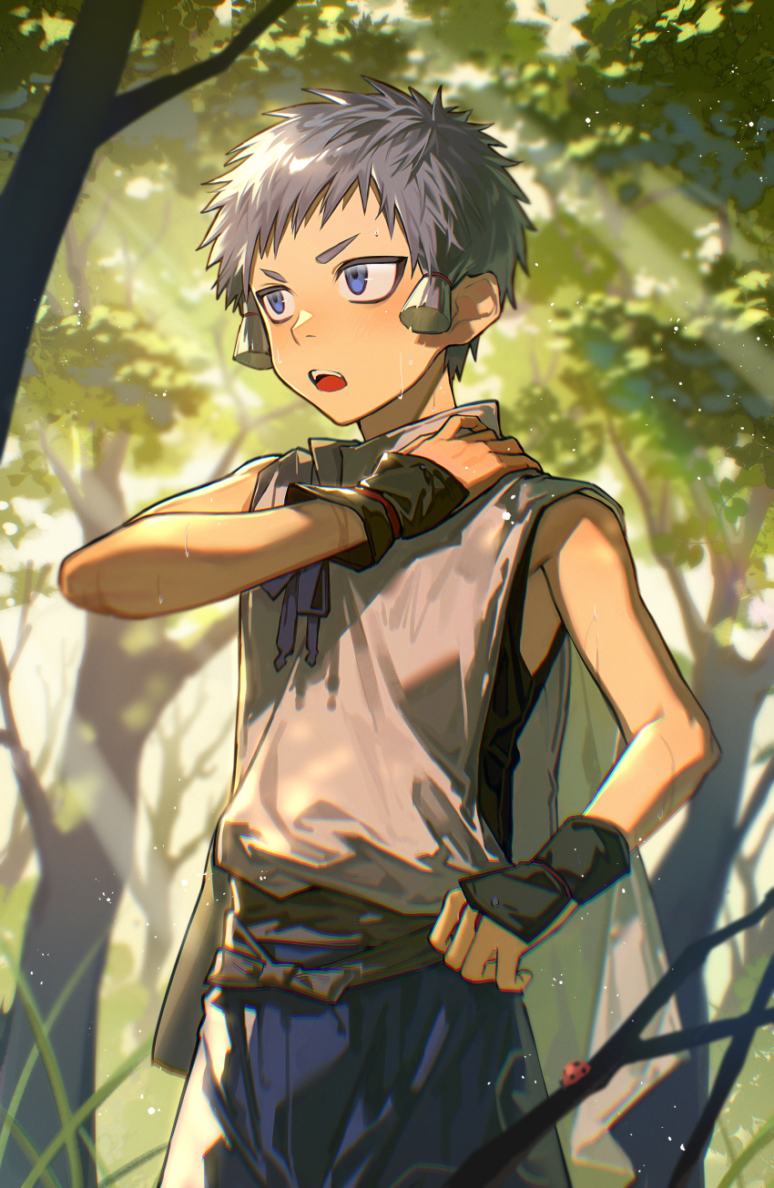 >:(, 1boy, :o, absurdres, armpit_crease, blue_eyes, blue_hakama, blurry