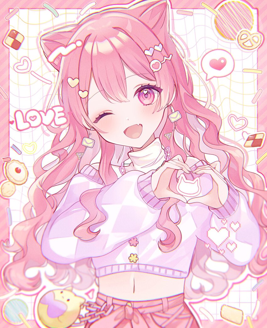 1girl, ;d, absurdres, cat_ear_heart_hands, commentary, cone_hair_bun, double_bun, earrings