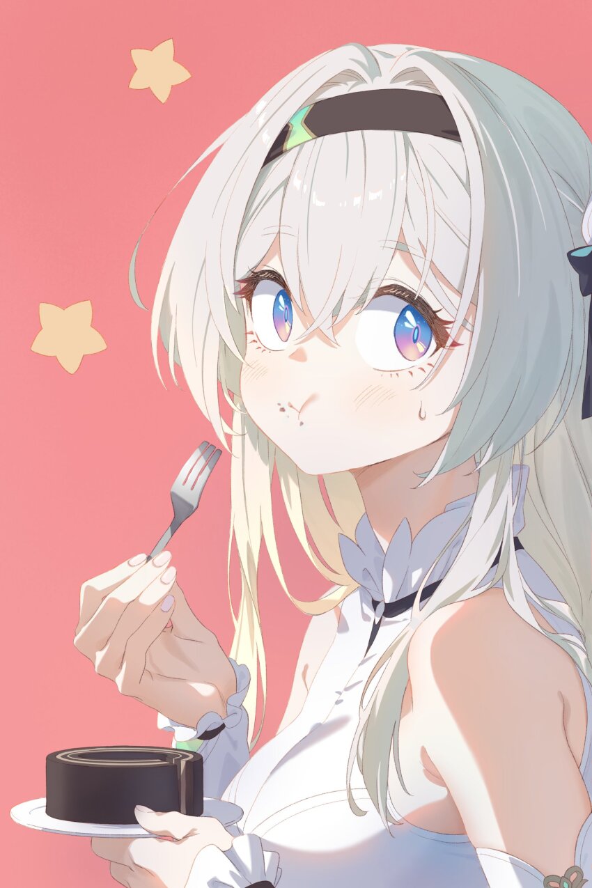 1girl, :t, absurdres, amenoki, bare_shoulders, black_hairband, breasts, firefly_(honkai:_star_rail)