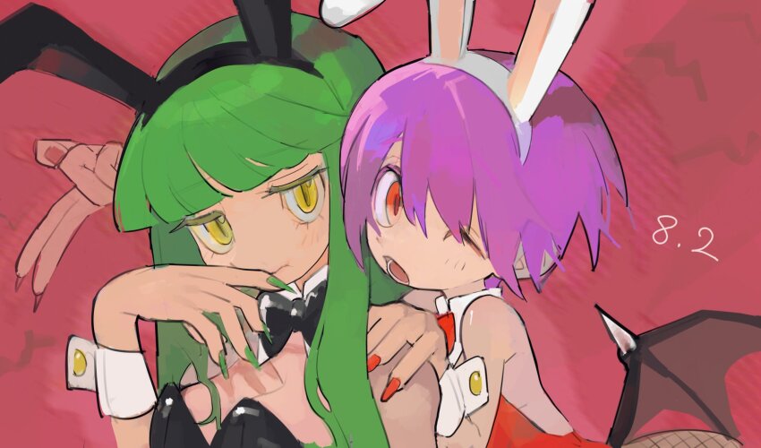 2girls, animal_ear_hairband, animal_ears, bat_wings, black_bow, black_bowtie, black_leotard, blunt_bangs