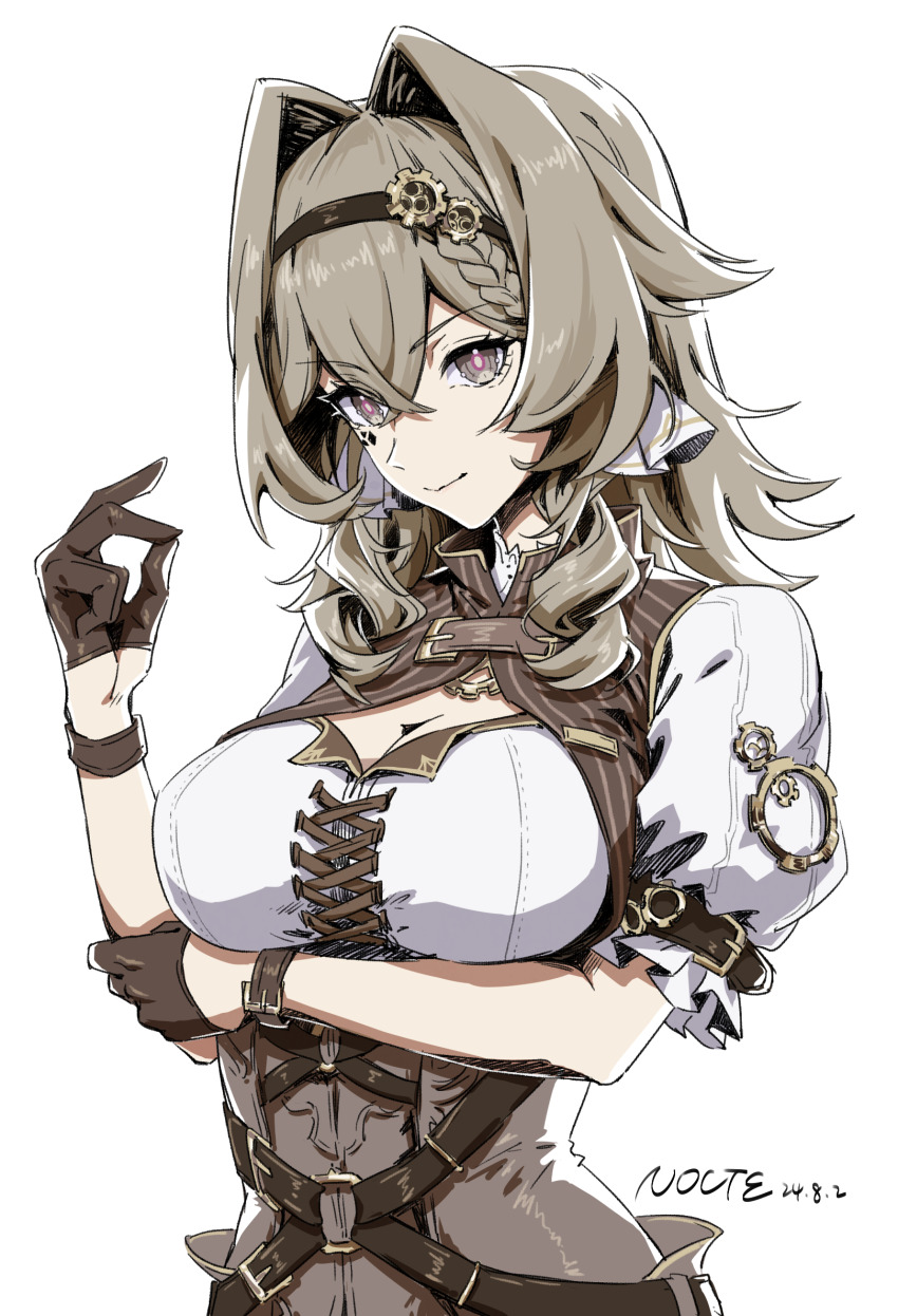 1girl, arm_under_breasts, braid, braided_bangs, breasts, brown_dress, brown_gloves, brown_hair