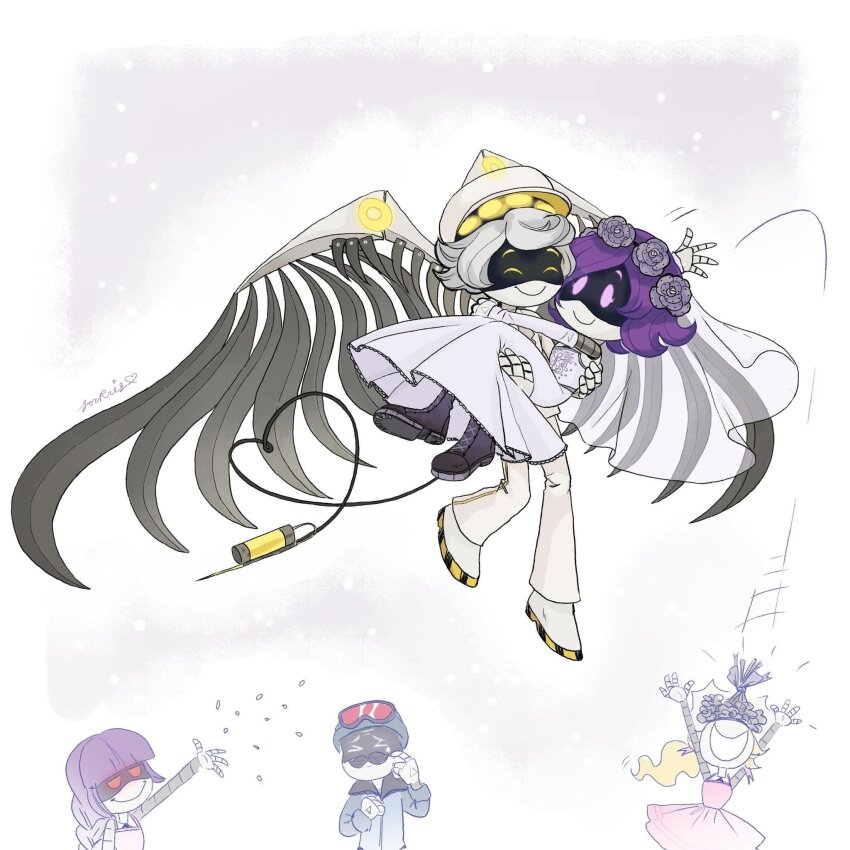 1boy, 2girls, boots, bridal_veil, doll_(murder_drones), dress, glitch_productions, hat