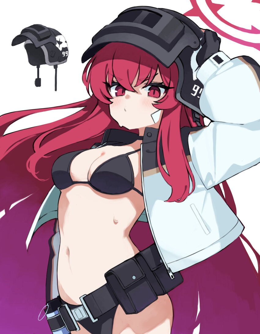 1girl, absurdres, alternate_costume, arm_up, bikini, blue_archive, blush, breasts