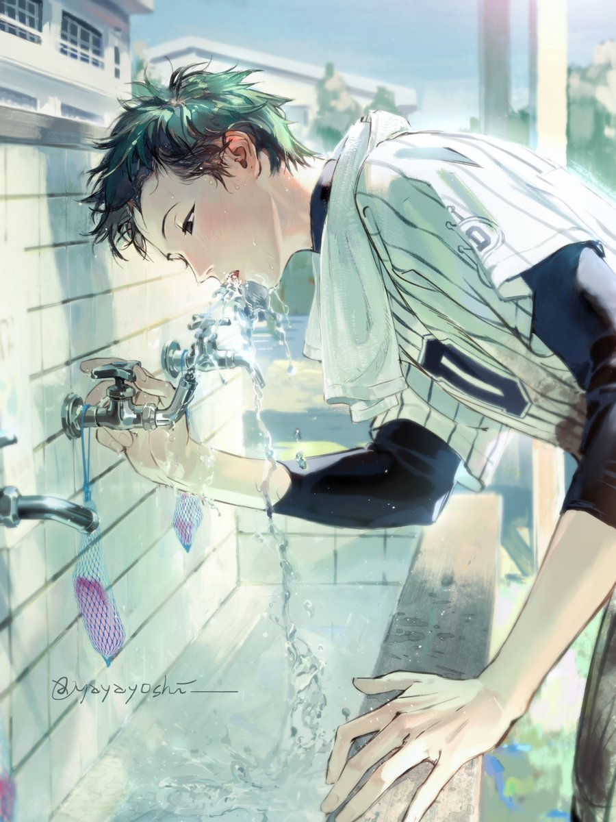 1boy, baseball_jersey, baseball_uniform, black_shirt, blue_sky, blush, brown_eyes, building