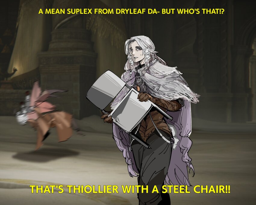 2boys, absurdres, braid, braided_bangs, cape, chair, dryleaf_dane, elden_ring