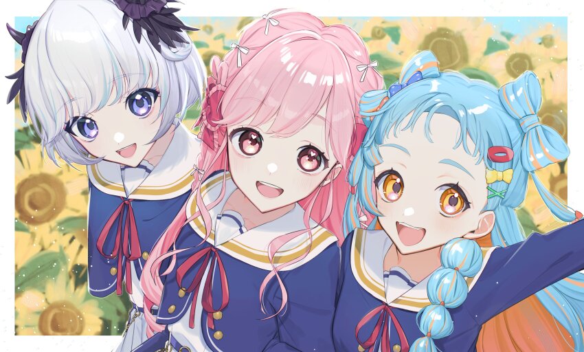 3girls, :d, absurdres, aikatsu!_(series), aikatsu_academy!, arm_up, blue_hair, blue_shirt