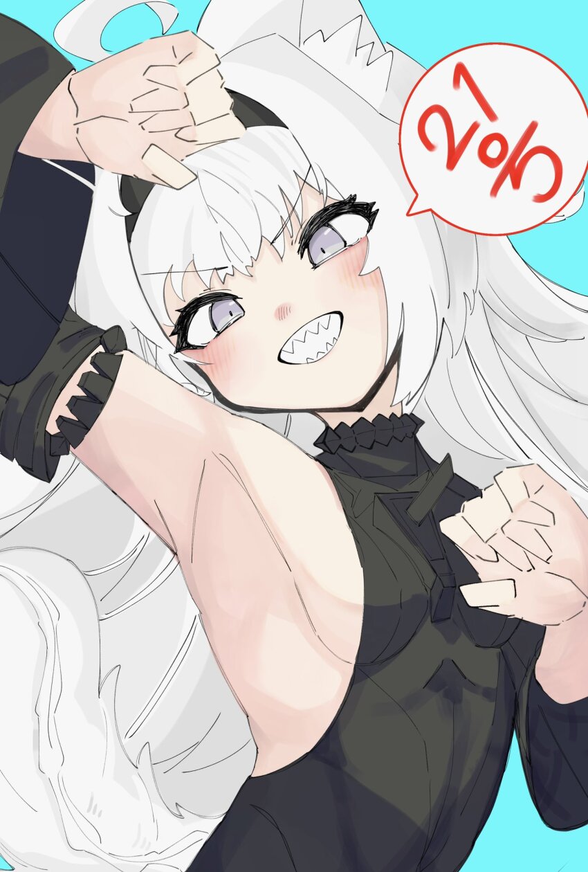 1girl, ahoge, animal_ears, armpits, black_bodysuit, black_hairband, black_sleeves, blue_background, bodysuit, breasts, character_name, detached_sleeves, grey_eyes, grey_hair, hairband, highres, long_hair, no._21:_feral_(pgr), no._21_(pgr), open_mouth, punishing:_gray_raven, sangosyan2, sharp_teeth, sleeveless, sleeveless_bodysuit, small_breasts, solo, speech_bubble, tail, teeth, very_long_hair, wolf_ears, wolf_tail