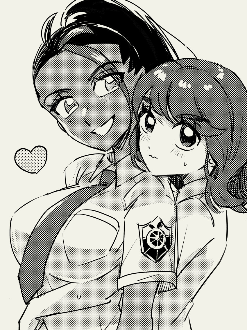 2girls, absurdres, anna_(pokemon), breast_pocket, breasts, collared_shirt, dark-skinned_female, dark_skin