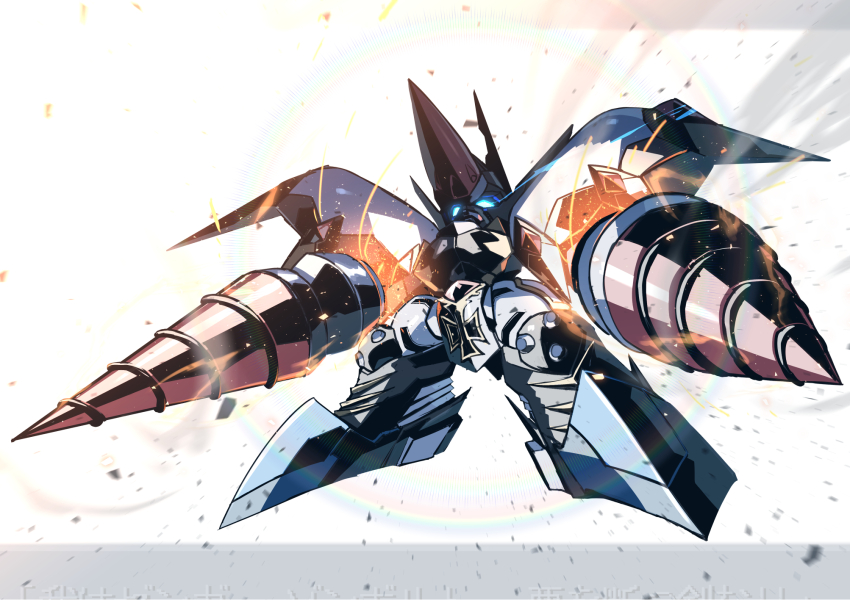 armor, blue_eyes, drill, drill_hand, full_armor, full_body, glowing, glowing_eyes