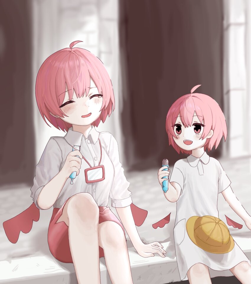 2girls, ahoge, blurry, blurry_background, blush, child, closed_eyes, collared_shirt