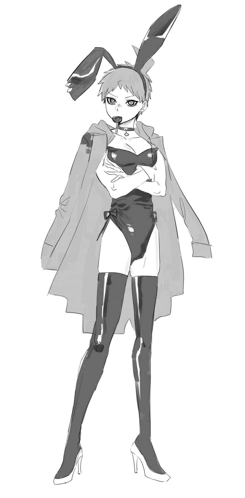 1boy, alternate_costume, animal_ears, blue-bell, borrowed_clothes, crossdressing, crossdressing_(mtf), crossed_arms