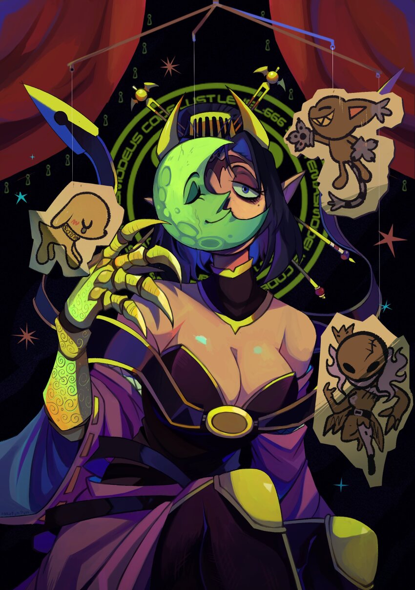 1girl, absurdres, bare_shoulders, bat_tattoo, black_background, black_hair, blacktailmon, blue_eyes, breasts, cat, claws, cleavage, closed_eyes, comb, covered_face, covered_mouth, crescent_moon, demon_girl, detached_sleeves, digimon, digimon_(creature), dog, dress, eyeshadow, facial_mark, fallen_angel, forehead_mark, forehead_tattoo, grin, hair_ornament, hairpin, half-closed_eyes, hand_up, highres, horns, ladydevimon, lilithmon, looking_at_viewer, makeup, marypumpum, medium_breasts, mobile, mole, mole_under_eye, moon, moon_with_face, one_eye_covered, paper_cutout, plotmon, pointy_ears, purple_dress, purple_eyeshadow, purple_sleeves, sharp_teeth, short_hair, single_tear, smile, solo, tattoo, teeth, u_u