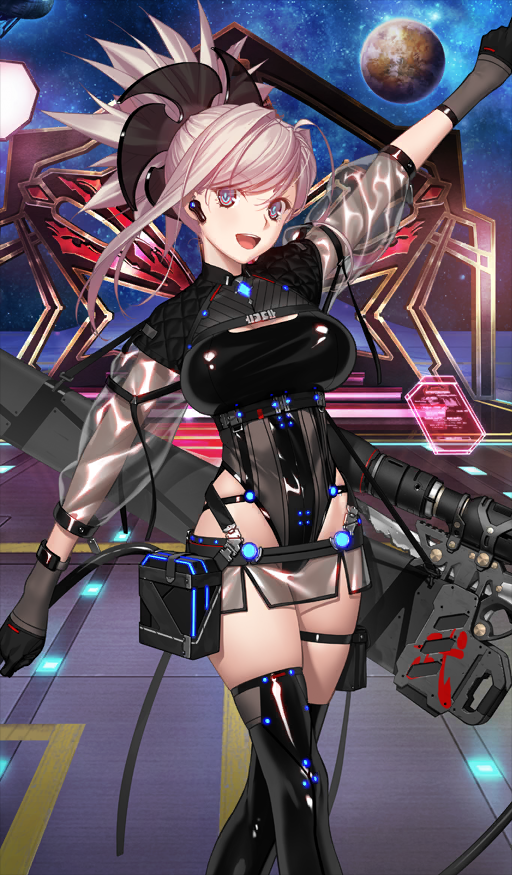 1girl, black_gloves, black_leotard, black_thighhighs, breasts, cropped_jacket, fate/grand_order, fate_(series), gloves, hair_ornament, koyama_hirokazu, large_breasts, leotard, long_sleeves, looking_at_viewer, miniskirt, miyamoto_musashi_(exhibition_attire)_(fate), miyamoto_musashi_(fate), official_alternate_costume, official_art, open_mouth, ponytail, see-through_clothes, see-through_skirt, see-through_sleeves, skirt, thighhighs, thighs, white_hair