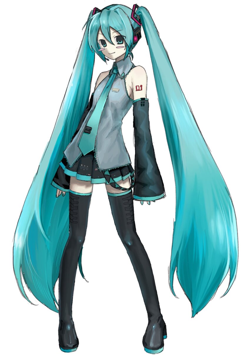 1girl, absurdly_long_hair, aqua_eyes, aqua_hair, aqua_necktie, bare_shoulders, black_boots, black_skirt