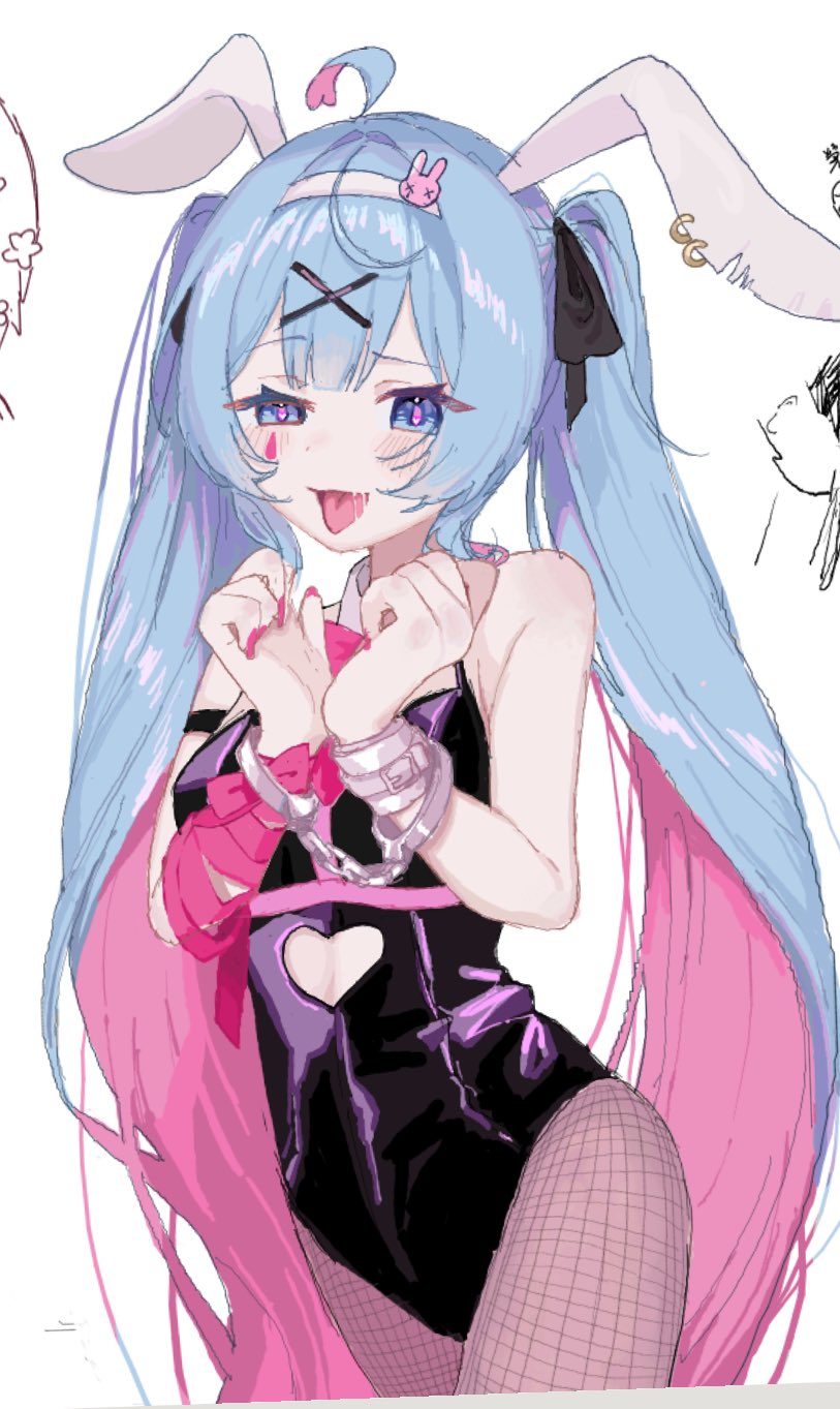 1girl, ahoge, animal_ear_piercing, animal_ears, bare_shoulders, black_leotard, black_ribbon, blue_eyes, blue_hair, blush, clothing_cutout, colored_inner_hair, commentary_request, cowboy_shot, cuffs, cutout_above_navel, fake_animal_ears, fishnet_pantyhose, fishnets, hair_intakes, hair_ornament, hair_ribbon, half-closed_eye, handcuffs, hands_up, hatsune_miku, headband, heart_cutout, highres, leotard, long_hair, looking_at_viewer, multicolored_hair, nail_polish, open_mouth, pantyhose, pink_hair, pink_nails, pink_pupils, playboy_bunny, rabbit_ears, rabbit_hole_(vocaloid), ribbon, saki_(saki_tiara0905), simple_background, smile, solo, standing, tongue, tongue_out, twintails, two-tone_hair, very_long_hair, vocaloid, white_background, white_headband, x_hair_ornament