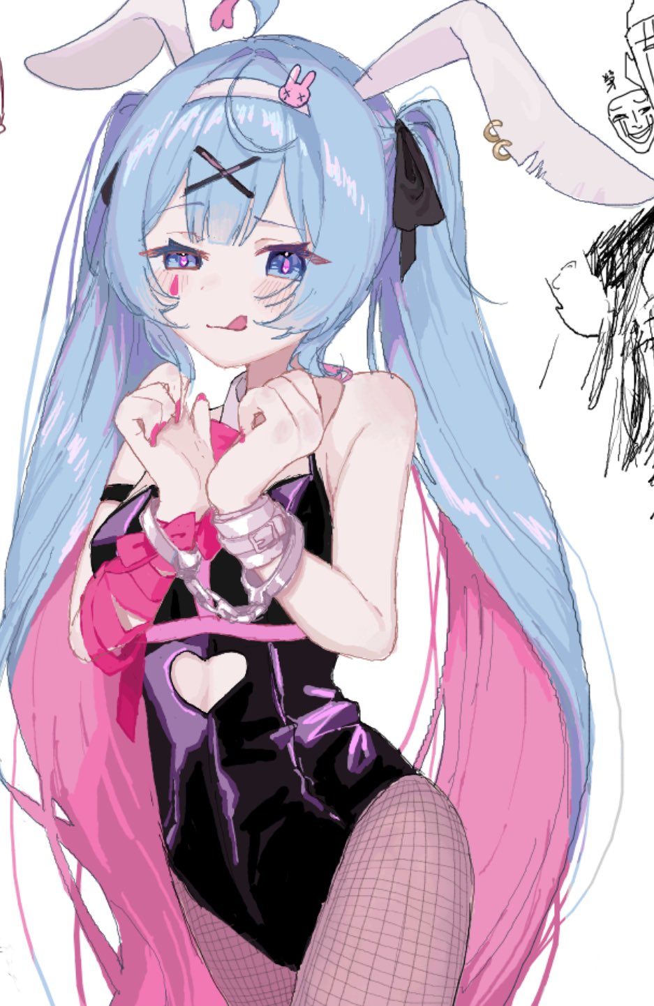 1girl, ahoge, animal_ear_piercing, animal_ears, bare_shoulders, black_leotard, black_ribbon, blue_eyes, blue_hair, blush, closed_mouth, clothing_cutout, colored_inner_hair, commentary_request, cowboy_shot, cuffs, cutout_above_navel, fake_animal_ears, fishnet_pantyhose, fishnets, hair_intakes, hair_ornament, hair_ribbon, half-closed_eye, handcuffs, hands_up, hatsune_miku, headband, heart_cutout, highres, leotard, long_hair, looking_at_viewer, multicolored_hair, nail_polish, pantyhose, pink_hair, pink_nails, pink_pupils, playboy_bunny, rabbit_ears, rabbit_hole_(vocaloid), ribbon, saki_(saki_tiara0905), simple_background, smile, solo, standing, tongue, tongue_out, twintails, two-tone_hair, very_long_hair, vocaloid, white_background, white_headband, x_hair_ornament