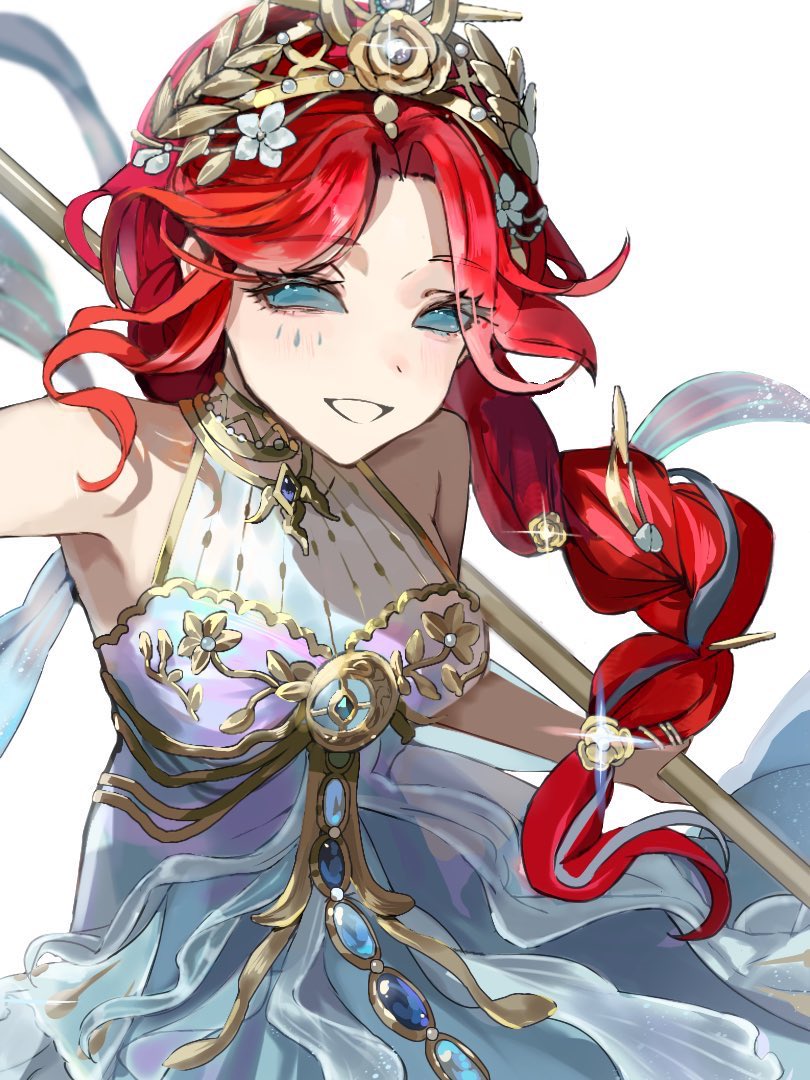 1girl, :d, blue_dress, blue_eyes, blue_gem, blue_ribbon, braid, cowboy_shot, curtained_hair, dress, facial_mark, flower, gem, glint, gold_trim, grace_(identity_v), grace_(weeping_goddess)_(identity_v), hair_flower, hair_ornament, hair_ribbon, halter_dress, halterneck, holding, holding_polearm, holding_weapon, identity_v, ito_karasu, long_hair, looking_at_viewer, official_alternate_costume, open_mouth, parted_bangs, polearm, red_hair, ribbon, ribbon_braid, see-through_clothes, simple_background, single_braid, sleeveless, sleeveless_dress, smile, solid_eyes, solo, teardrop_facial_mark, tiara, wavy_hair, weapon, white_background