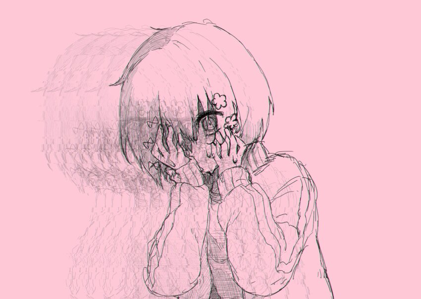 1girl, commentary, flower, hair_flower, hair_ornament, hair_over_one_eye, hands_up, highres