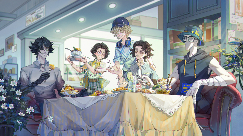 5boys, afterimage, ahoge, alternate_costume, apple, aqua_hat, aqua_shirt, bald