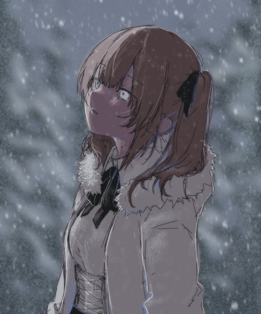1girl, black_ribbon, blurry, blurry_background, brown_hair, character_request, coat, commentary_request