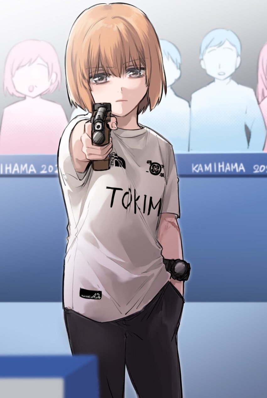 1girl, 2024_summer_olympics, audience, black_pants, closed_mouth, cosplay, grey_eyes, gun