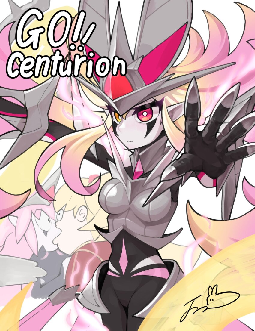 3girls, blonde_hair, bodysuit, centur-ion_primera, centur-ion_primera_primus, centur-ion_trudea, chest_armor, colored_skin, dillo_(smootharmadillo), duel_monster, english_text, fusion, heterochromia, highres, kiss, looking_at_viewer, meme, multicolored_hair, multiple_girls, pink_hair, pink_skin, pointy_ears, red_eyes, solo_focus, standing, yellow_eyes, yoshi_and_toad_kissing_(meme), yu-gi-oh!, yuri