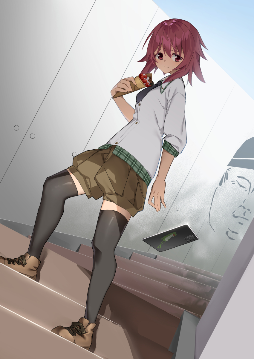 1girl, absurdres, arm_at_side, black_necktie, black_thighhighs, blush, brown_shoes, casual