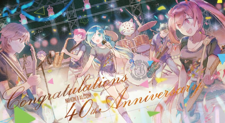 2girls, 5boys, :d, adol_christin, anniversary, aqua_eyes, black_shirt, blue_hair