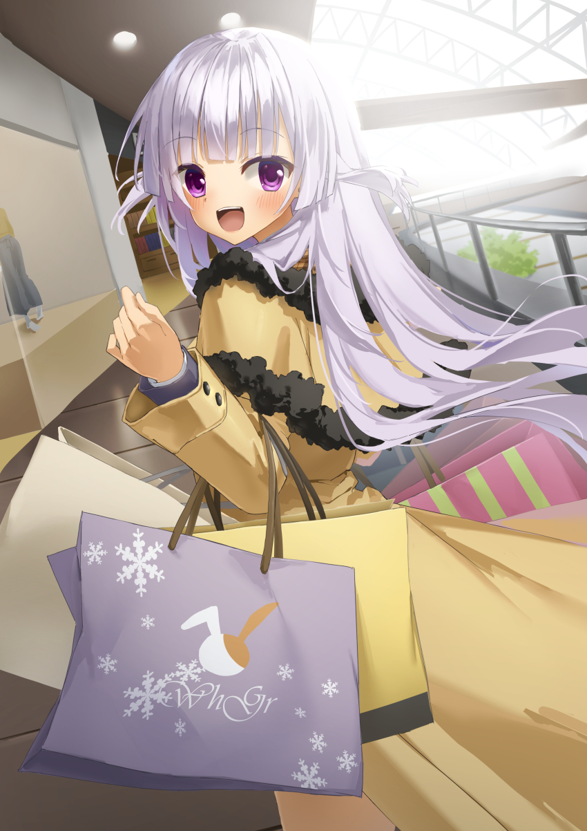 1girl, :d, absurdres, bag, blunt_bangs, blunt_ends, blush, coat