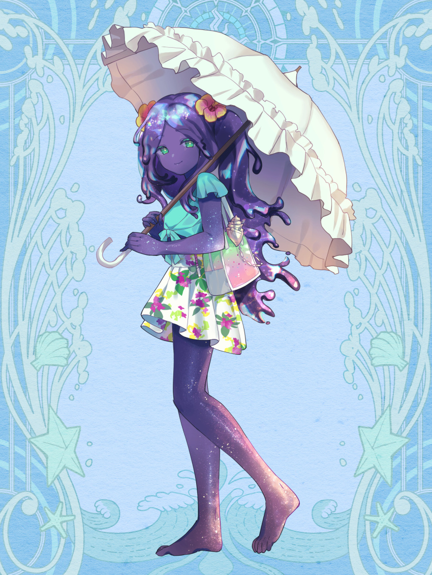 1girl, aigurei_blue, aqua_eyes, bag, barefoot, blue_background, blue_shirt, colored_skin