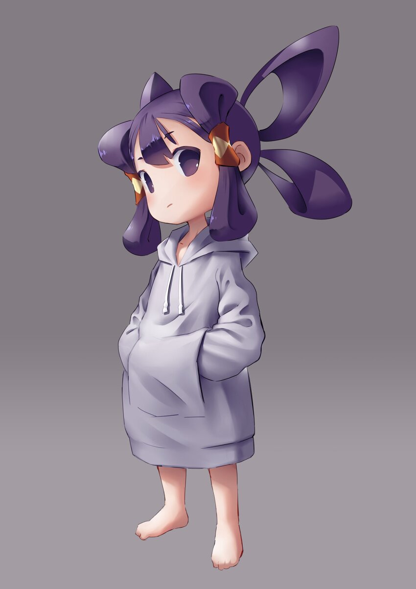 1girl, alternate_costume, barefoot, black_eyes, black_hair, commentary_request, expressionless, full_body, grey_background, grey_hoodie, hair_rings, hands_in_pockets, highres, hood, hoodie, long_hair, looking_at_viewer, mizura, sakuna-hime, solo, tensui_no_sakuna-hime, y_koichi