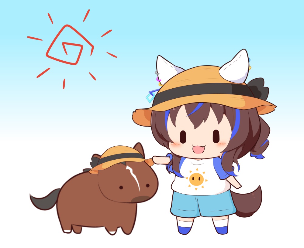 1girl, :d, animal, animal_ears, black_bow, blue_background, blue_footwear, blue_hair