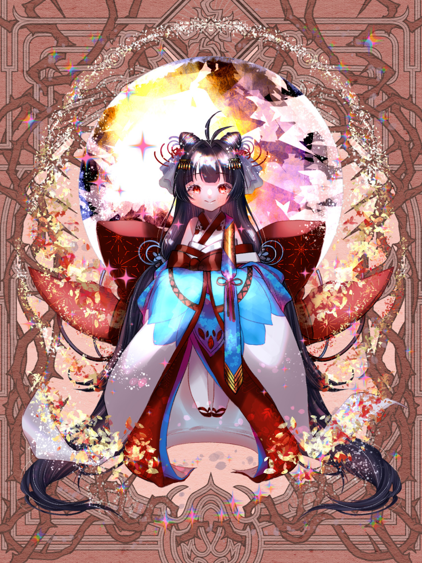 1girl, absurdly_long_hair, ahoge, black_hair, bow, brown_background, dairoku_ryouhei, detached_sleeves