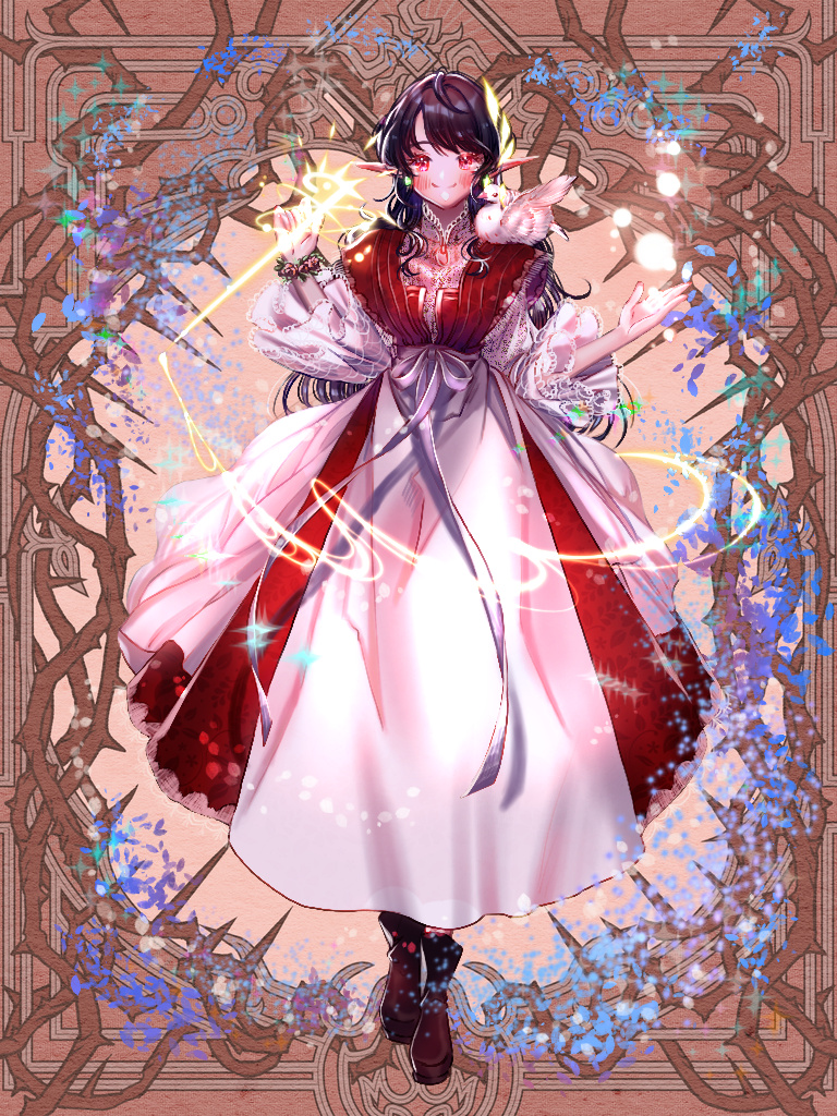 1girl, animal, animal_on_shoulder, bird, bird_on_shoulder, black_hair, blush, brown_background, brown_footwear, dairoku_ryouhei, dress, elf, hand_up, long_hair, long_sleeves, magic, parted_bangs, pointy_ears, re_atorie, red_dress, smile, solo, white_sleeves