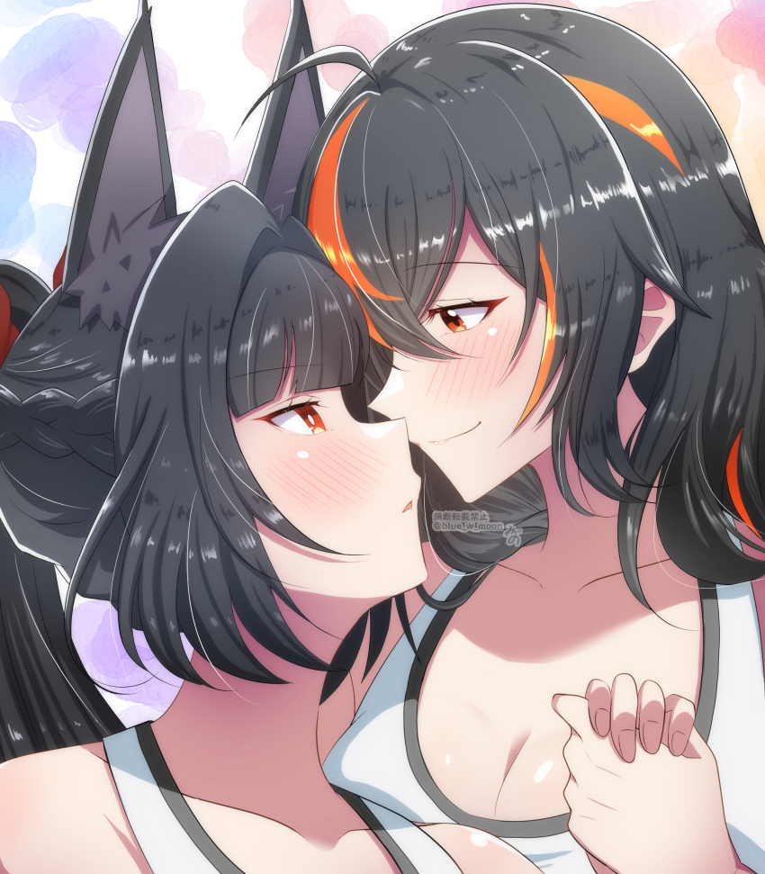 1girl, 2girls, absurdres, alternate_costume, animal_ears, artist_name, black_hair, blue_w_moon, blush, breasts, cleavage, face-to-face, fox_ears, fox_girl, gradient_background, highres, holding_hands, hoshimi_miyabi, large_breasts, long_hair, multiple_girls, parted_lips, red_eyes, sidelocks, smile, solo, sports_bra, white_sports_bra, yuri, zenless_zone_zero, zhu_yuan