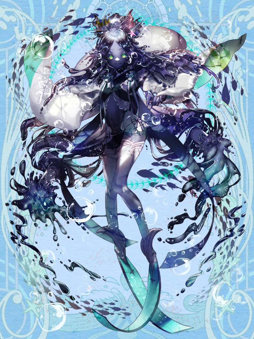 1girl, aigurei_blue, air_bubble, black_hair, black_skin, blue_background, bubble, colored_skin