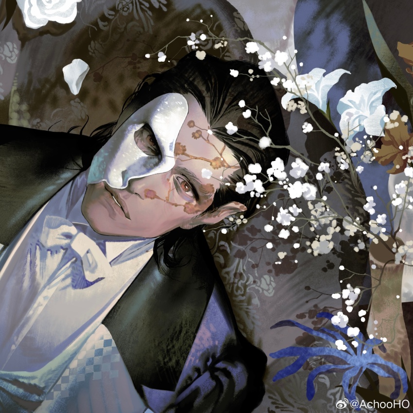 1boy, achooho, black_hair, black_jacket, bow, bowtie, brown_eyes, collared_shirt