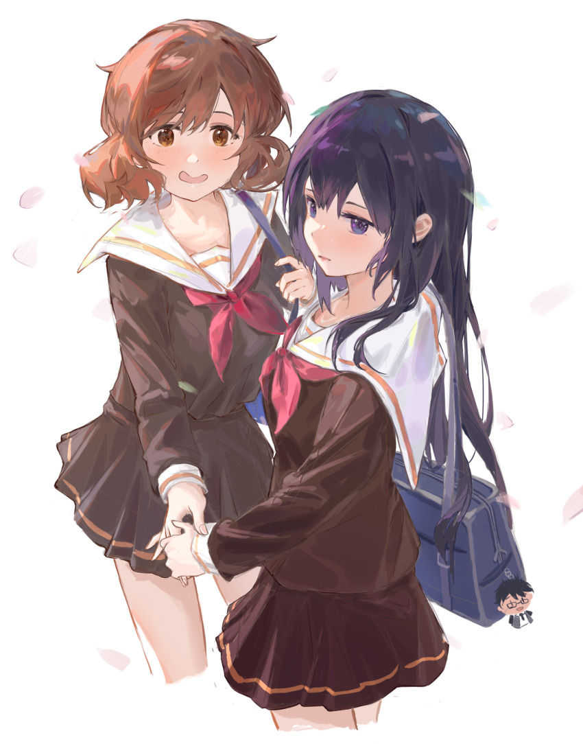2girls, bag, blush, brown_eyes, brown_hair, brown_shirt, brown_skirt, commentary, curly_hair, hibike!_euphonium, highres, holding_hands, kitauji_high_school_uniform, kousaka_reina, long_hair, long_sleeves, mizuhara_sh, multiple_girls, neckerchief, oumae_kumiko, parted_lips, petals, pleated_skirt, purple_eyes, purple_hair, red_neckerchief, sailor_collar, school_bag, school_uniform, serafuku, shirt, short_hair, skirt, standing, white_background, white_sailor_collar