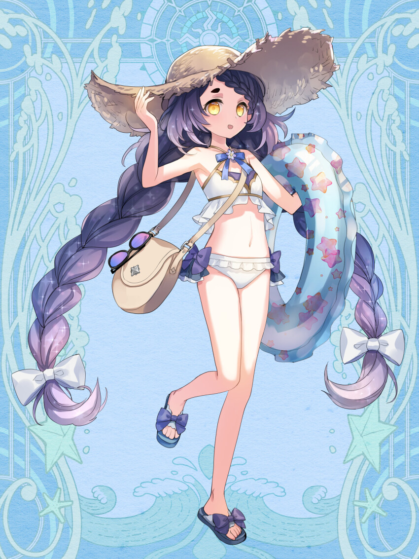 1girl, bag, bikini, blue_background, blue_bow, blue_bowtie, bow, bowtie, braid, dairoku_ryouhei, fille_meruku, flat_chest, full_body, gradient_hair, hand_up, handbag, hat, highres, holding, holding_swim_ring, innertube, long_hair, low-tied_long_hair, multicolored_hair, sandals, solo, straw_hat, sun_hat, sunglasses, swim_ring, swimsuit, takase_ao, twin_braids, twintails, unworn_eyewear, very_long_hair, white_bikini, yellow_eyes