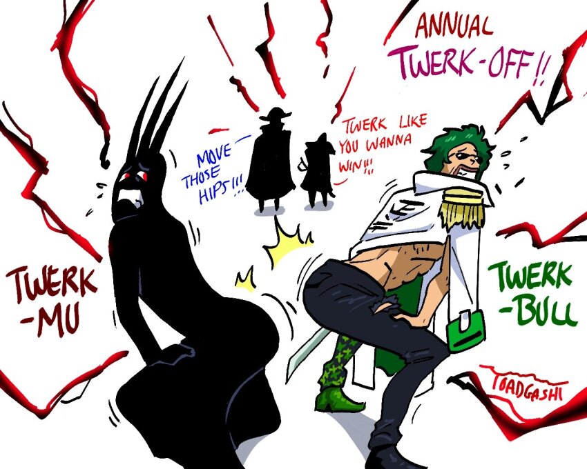 !, !!, 4boys, :<, ass_shake, clenched_teeth, coat, coat_on_shoulders, crown, dancing, english_text, epaulettes, forced, foreshortening, full_body, green_hair, haki_(one_piece), hands_on_own_knees, hat, humiliation, imu_(one_piece), joy_boy_(one_piece), looking_at_another, multiple_boys, one_piece, red_eyes, ryokugyu_(one_piece), scared, shaded_face, shanks_(one_piece), short_hair, silhouette, straw_hat, sunglasses, sword, teeth, toadgashi, twerking, weapon, white_background, white_coat