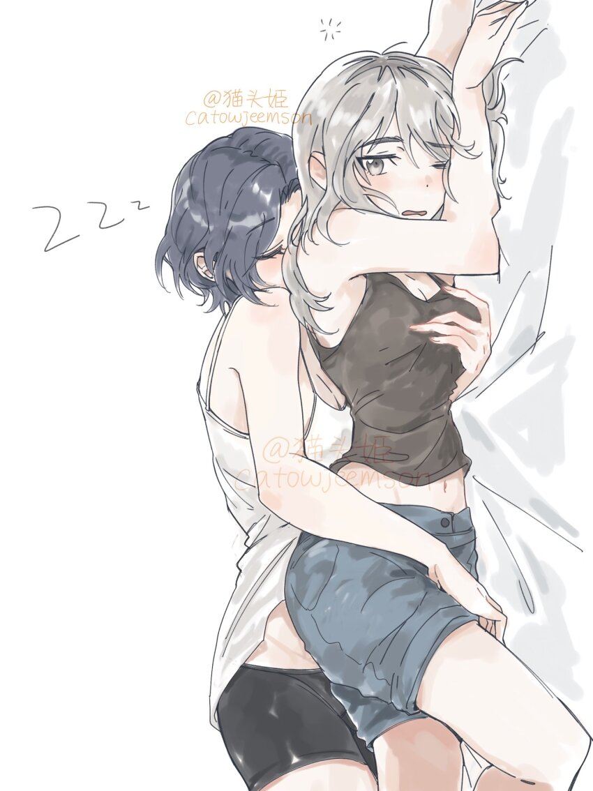 2girls, bike_shorts, black_camisole, black_shorts, blue_hair, blue_shorts, blush, breasts, camisole, camisole_lift, catowjeemson, closed_eyes, clothes_lift, english_text, girls_band_cry, grabbing_another's_breast, grabbing_from_behind, grey_hair, groping, hand_on_another's_thigh, highres, kawaragi_momoka, long_hair, lying, medium_breasts, multicolored_hair, multiple_girls, nana_(girls_band_cry), navel, on_bed, one_eye_closed, open_mouth, roots_(hair), short_hair, shorts, sidelocks, sideways, simple_background, squeans, twitter_username, white_background, white_camisole, yuri, zzz