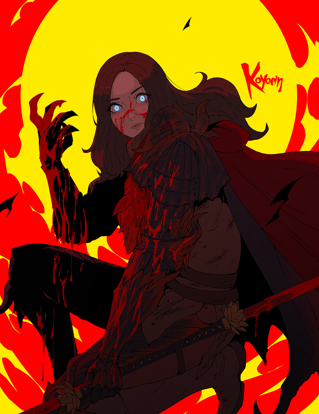 1girl, armor, artist_name, blood, blood_on_clothes, blood_on_face, blue_eyes, brown_hair, double_blade, elden_ring, eleonora_violet_bloody_finger, gauntlets, highres, holding, holding_weapon, koyorin, lips, long_hair, looking_at_viewer, on_one_knee, shoulder_armor, solo, weapon