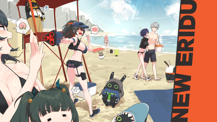 1boy, 5girls, absurdres, amillion_(zenless_zone_zero), ass, bangboo_(zenless_zone_zero), beach, beachwear, belle_(zenless_zone_zero), bikini, black_hair, black_shorts, blue_hair, blue_sky, blush, breasts, cloud, cloudy_sky, food, fruit, green_eyes, green_hair, grey_hair, highres, jane_doe_(zenless_zone_zero), large_breasts, multicolored_hair, multiple_girls, nicole_demara, o_wang, ocean, peach, penguinboo_(zenless_zone_zero), ponytail, qingyi_(zenless_zone_zero), red_eyes, red_hair, sand, securityboo_(zenless_zone_zero), sharkboo_(zenless_zone_zero), shorts, sky, speech_bubble, swimsuit, twintails, wise_(zenless_zone_zero), zenless_zone_zero, zhu_yuan