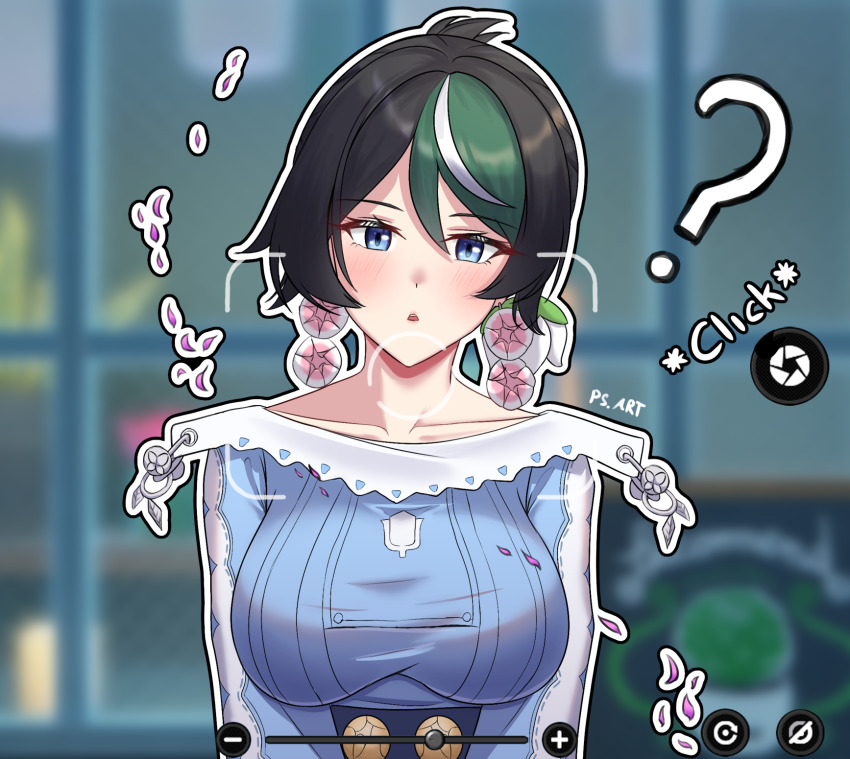 1girl, ?, black_hair, blue_eyes, blush, breasts, collarbone, disartk, earrings, falling_petals, flower_earrings, green_hair, head_tilt, highres, jewelry, large_breasts, looking_at_viewer, multicolored_hair, orchidea_(zenless_zone_zero), parted_lips, petals, solo, streaked_hair, viewfinder, white_hair, zenless_zone_zero